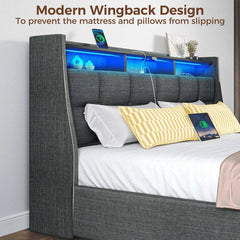 Dyane Upholstered Bed Full Bed Frame with Charging Station and LED Lights